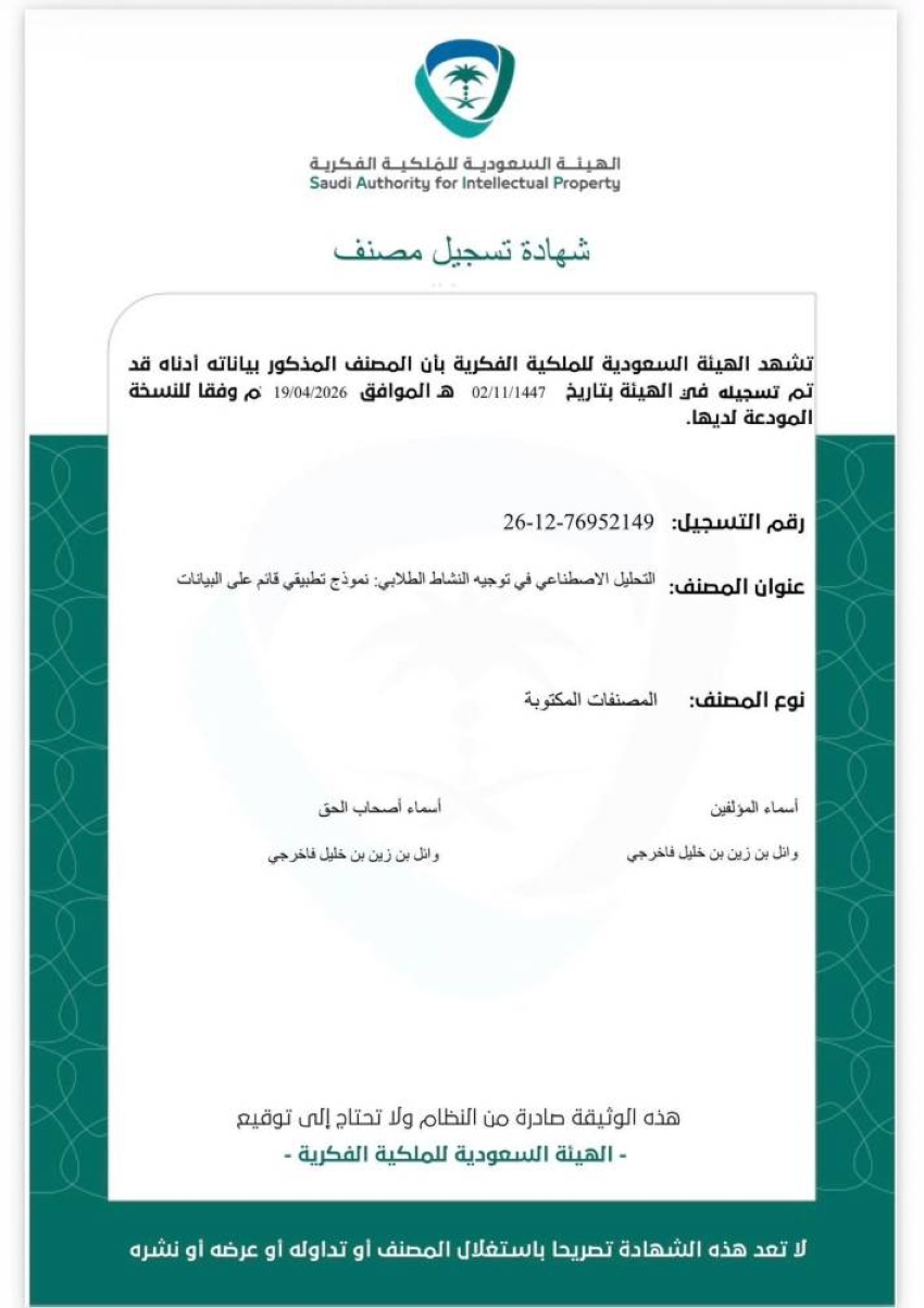 تسجيل مصنف علمي يوظف الذكاء الاصطناعي في توجيه النشاط الطلابي