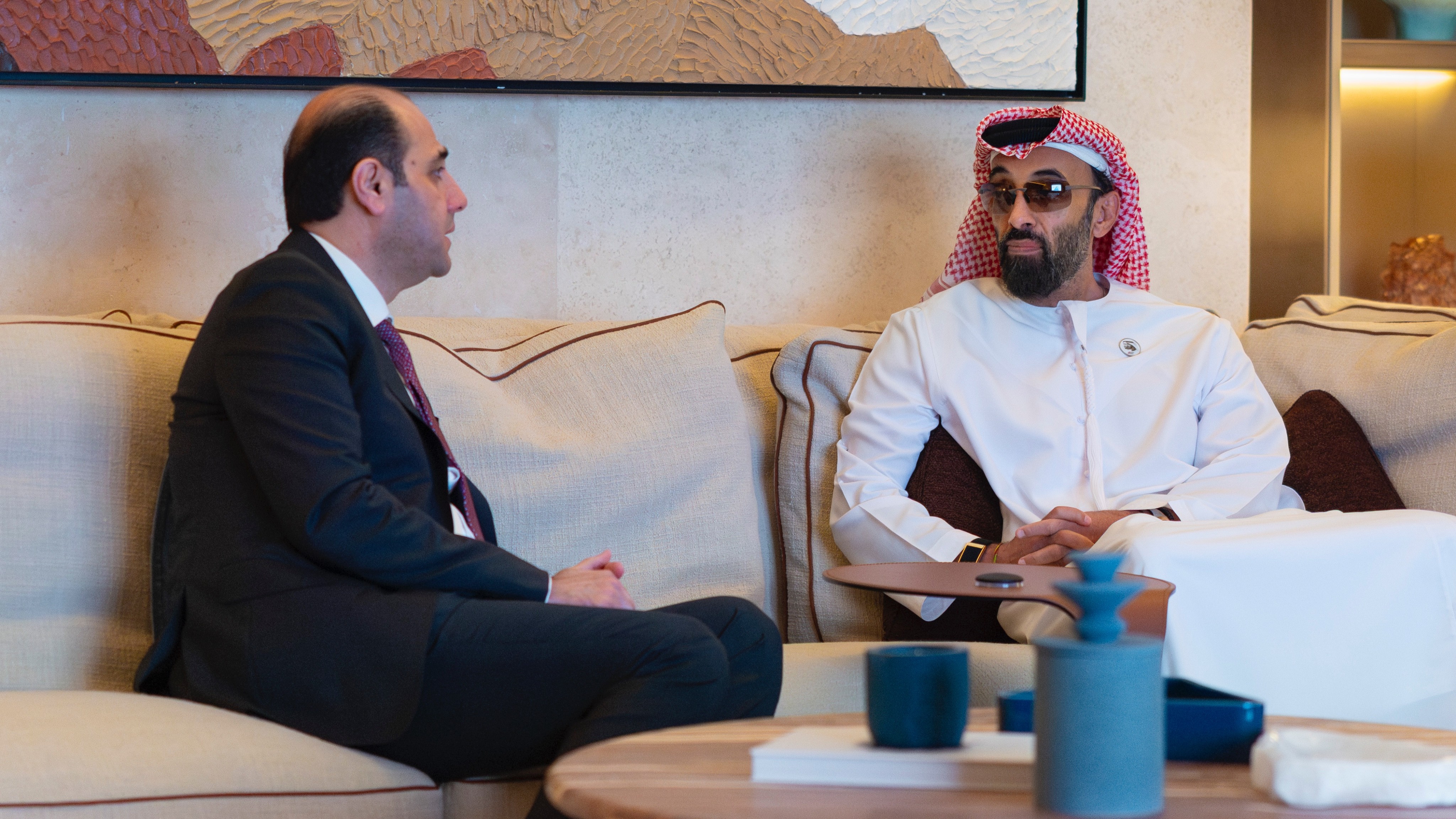 طحنون بن زايد وحازم الشرع يبحثان التعاون الاقتصادي والعلاقات الإماراتية السورية