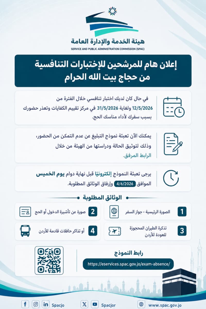 جو 24 : هيئة الخدمة تعلن تسهيلات لحجاج الاختبارات التنافسية