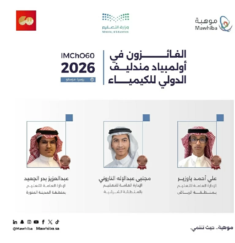 السعودية تحقق 3 جوائز دولية في أولمبياد مندليف الدولي للكيمياء 2026 بروسيا