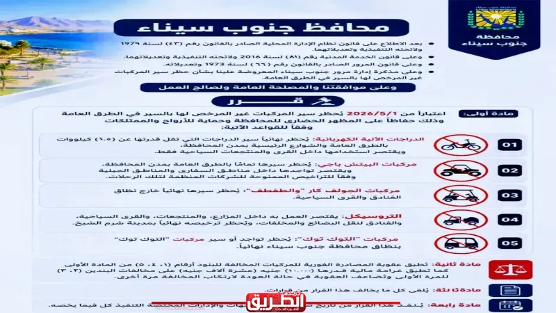 محافظ جنوب سيناء يعتمد تنظيم حركة المركبات وغرامات مالية ومصادرة فورية للمخالفين