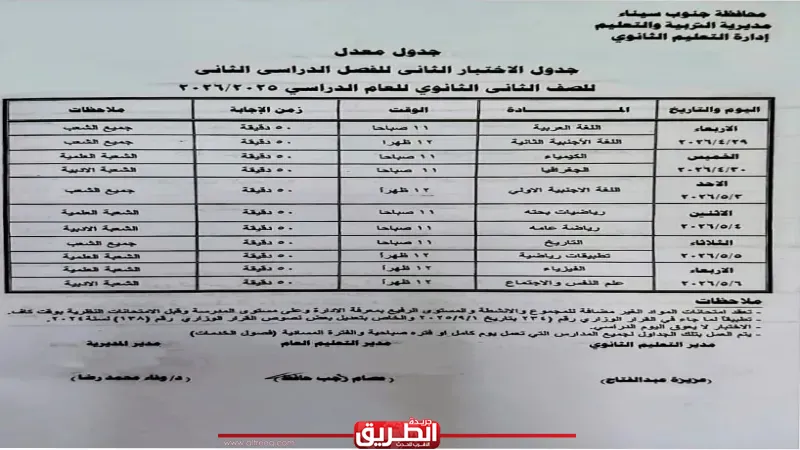 تعليم جنوب سيناء يعلن عن جدول الإختبار الثانى للفصل الدراسى الثانى (إختبارات شهر إبريل )