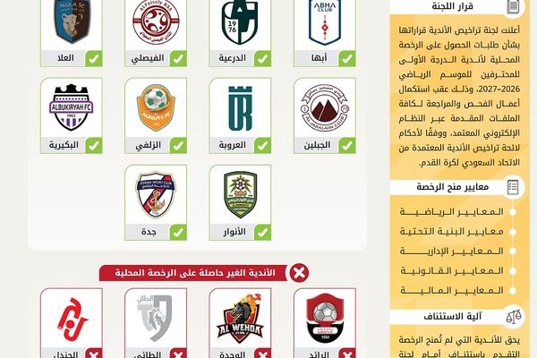 لجنة تراخيص الأندية تعلن قراراتها بشأن الرخصة المحلية لأندية الدرجة الأولى للمحترفين
