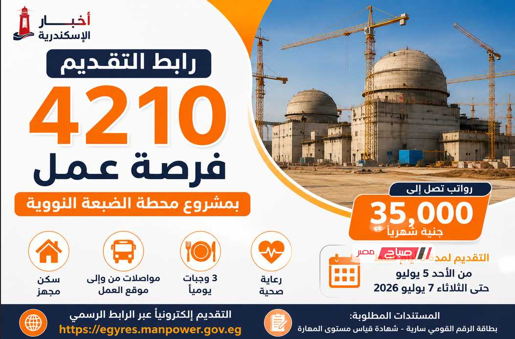رابط التقديم على 4210 فرصة عمل بمشروع محطة الضبعة النووية.. التخصصات المطلوبة والرواتب حتى 35 ألف جنيه