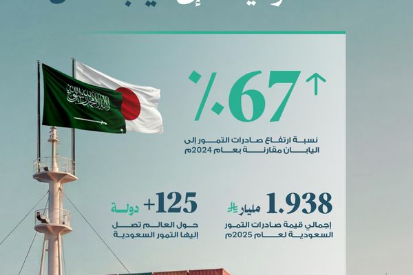 ارتفاع صادرات التمور السعودية إلى اليابان 67% مقارنًة بـ 2024م
