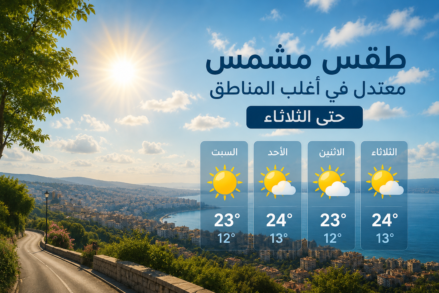 طقس مشمس معتدل في أغلب المناطق حتى الثلاثاء