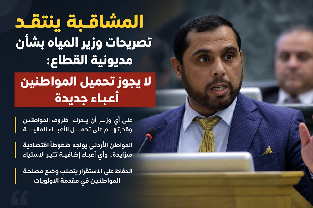 جو 24 : النائب المشاقبة ينتقد تصريحات وزير المياه بشأن مديونية القطاع: لا يجوز تحميل المواطنين أعباء جديدة