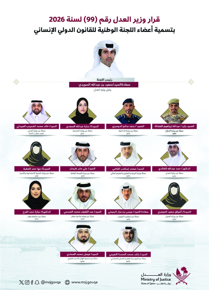 ‫ وزير العدل يصدر قراراً بتسمية أعضاء «الوطنية للقانون الدولي الإنساني»