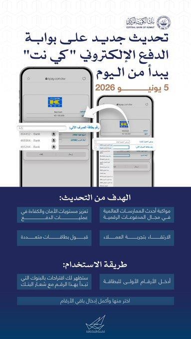 «المركزي»: تحديث جديد على بوابة الدفع الإلكتروني «كي نت» اعتباراً من اليوم