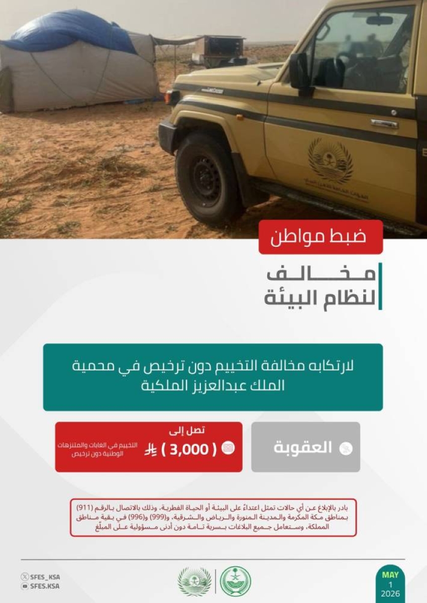 "الأمن البيئي" يضبط مواطنًا مخالفًا لنظام البيئة في محمية الملك عبدالعزيز الملكية