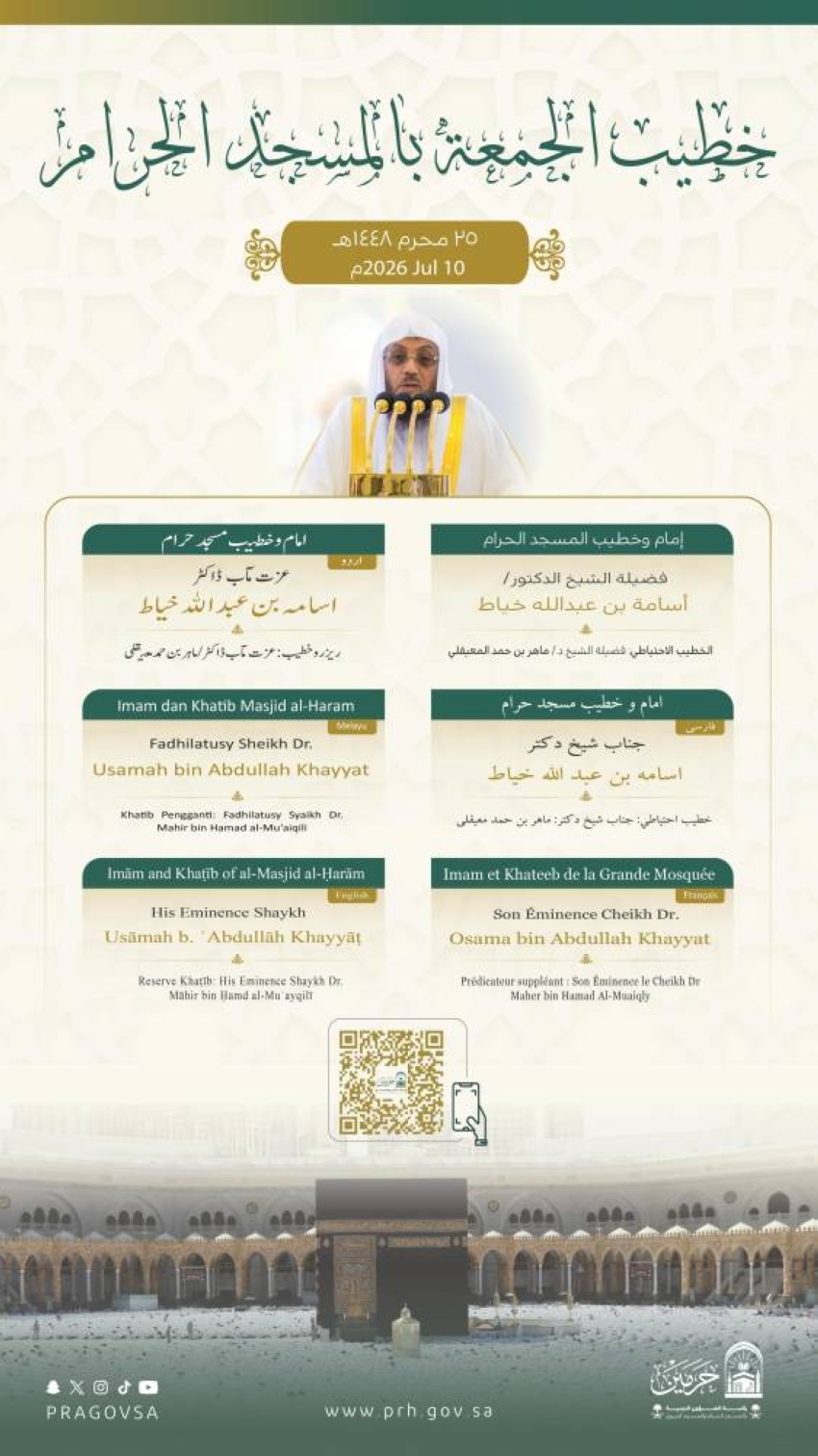 "الشؤون الدينية" تعلن خطيبي الجمعة في الحرمين الشريفين ليوم 25 محرم
