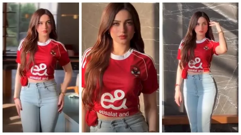ياسمين عز تشجع النادي الأهلي في مباراته ضد نادي الزمالك