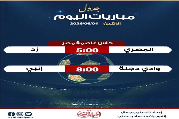 موعد مباريات اليوم الإثنين 31 مايو 2026.. إنفوجراف