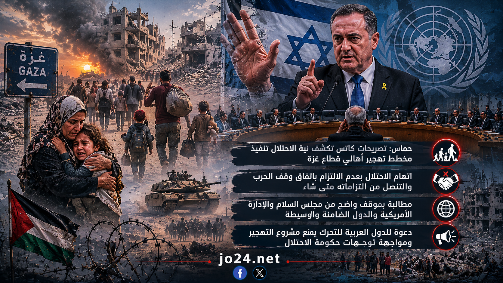 "حماس": تصريحات المجرم كاتس عن تهجير أهالي غزة تؤكد أن أوهام اقتلاع شعبنا من أرضه لا تزال تراود قادة العدو