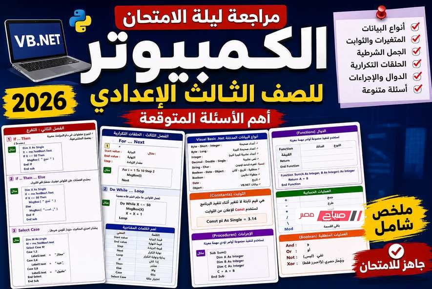 تحميل مراجعة الكمبيوتر الصف الثالث الإعدادي 2026 PDF.. أسئلة متوقعة ليلة الامتحان