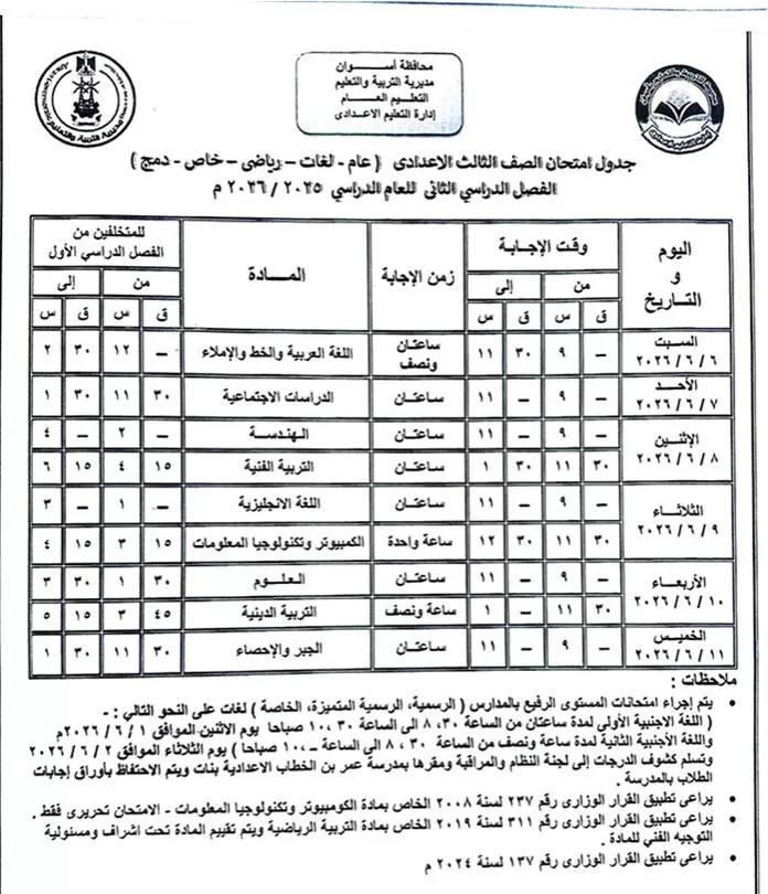محافظ أسوان يتابع جاهزية 216 لجنة لإمتحانات الشهادة الإعدادية وإستعداداتها لإستقبال 30 ألف و 213 طالب وطالبة
