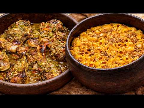 Pasta casseroles with minced meat and Singari drumsticks