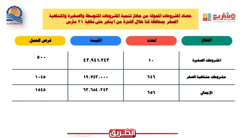 63 مليون جنيه لتمويل مشروعات صغيرة ومتناهية الصغر خلال الربع الأول من عام 2026 بقنا