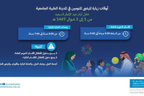 تنظيم أوقات زيارة المرضى في المدينة الطبية بجامعة الملك سعود خلال عيد الفطر