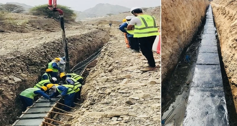 86 % نسبة الإنجاز فـي إنشاء خط نقل المياه لمنطقة الفي فـي محضة