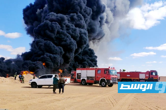 فرق الإطفاء تواصل التعامل مع حريق خط نقل الغاز في منطقة الحمادة