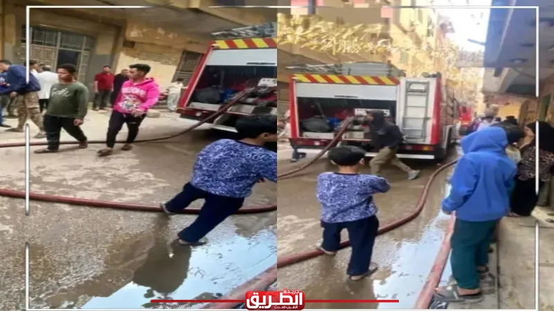 الحماية المدنية تجري عمليات التبريد بموقع حريق مصنع ملابس الزاوية الحمراء