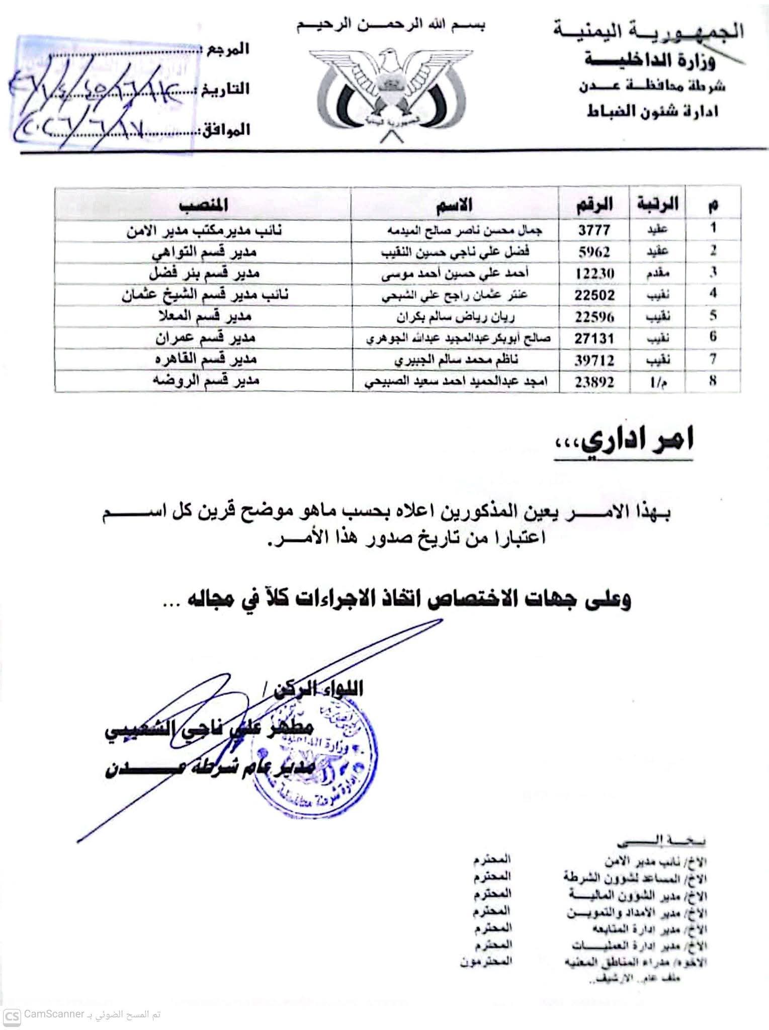 مدير أمن عدن يصدر قرارات جديدة لمدراء أقسام الشرطة