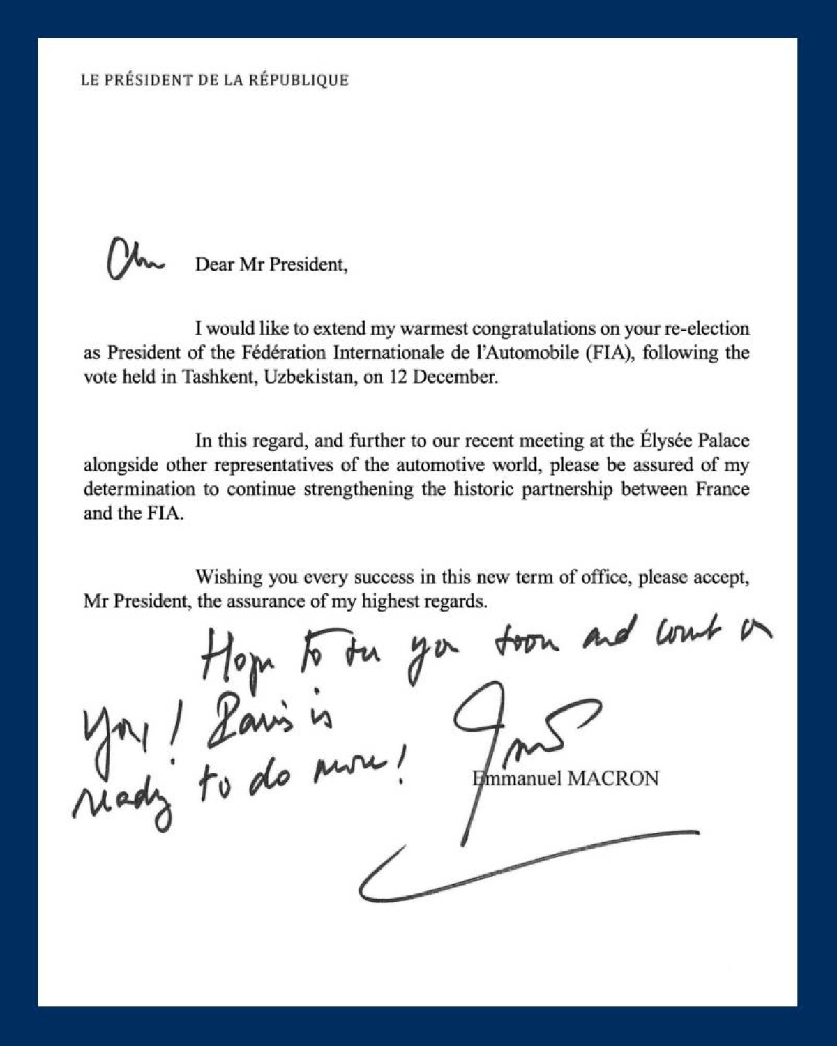 ماكرون يهنئ محمد بن سليم بإعادة انتخابه رئيساً للاتحاد الدولي للسيارات